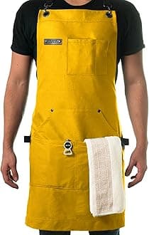 Chef and BBQ Apron with Bottle Opener and Hand Towel - 10oz Cotton Canvas, Stainless Steel Hardware - Cross Back Straps