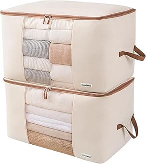 Canvas Storage Bags Designer Organizer for Comforters 2 Pack – Seasonal Storage for Pillows, Blankets, Linens & Garments – Foldable Design with Zip & Window, Moth-Proof Space Saver