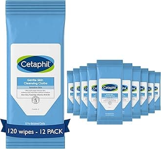 Cetaphil Face and Body Wipes, Gentle Skin Cleansing Cloths, 10 Count, Pack of 12, for Dry, Sensitive Skin, Flip Top Closure, Great for the Gym,Travel, in the Car, Hypoallergenic, Fragrance Free