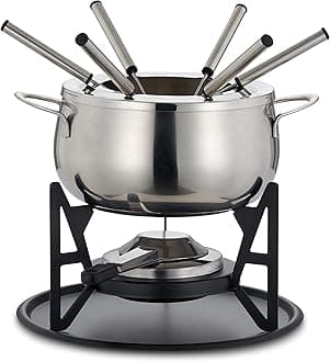 Oak & Steel - Stainless Steel Silver Fondue Gift Set for Cheese, Chocolate, Meat Broth with Forks - 6 Person