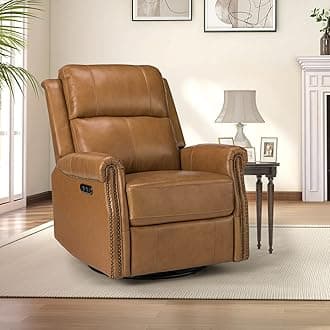 HULALA HOME Genuine Leather Power Recliner Chair with USB Port, Modern Electric Swivel Rocker Glider Recliner with Nailhead Trim & Metal Base- for Living Room Bedroom Home Theater, Camel