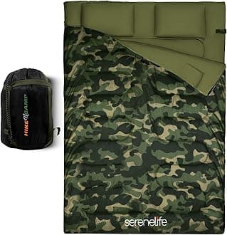 SereneLife Double Sleeping Bag with Pillows, Waterproof & Detachable for 2 Single Bags, Lightweight & Warm, Perfect for Camping, Hiking, Backpacking, and Cold Weather, Suitable for Temperatures 5-10°F