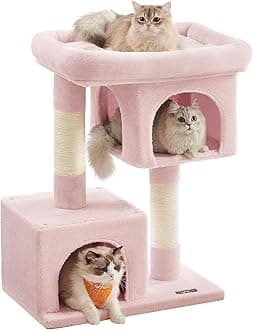 Feandrea Cat Tree, 33.1-Inch Cat Tower, Plush Condo for Large Cats up to 16 lb, Large Perch, 2 Caves, Scratching Post, Jelly Pink UPCT061P01
