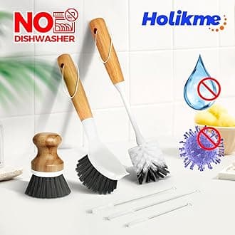 Holikme 6 Pack Dish Brush Scouring Pad Set with Bottle Brush, Dish Brush, Palm Scrub Brush and Straw Brush, Dish Scrubber Long Handle for Dish Bottle Cup Skillet Wok Pot Pan Cast Iron, Dark Gray
