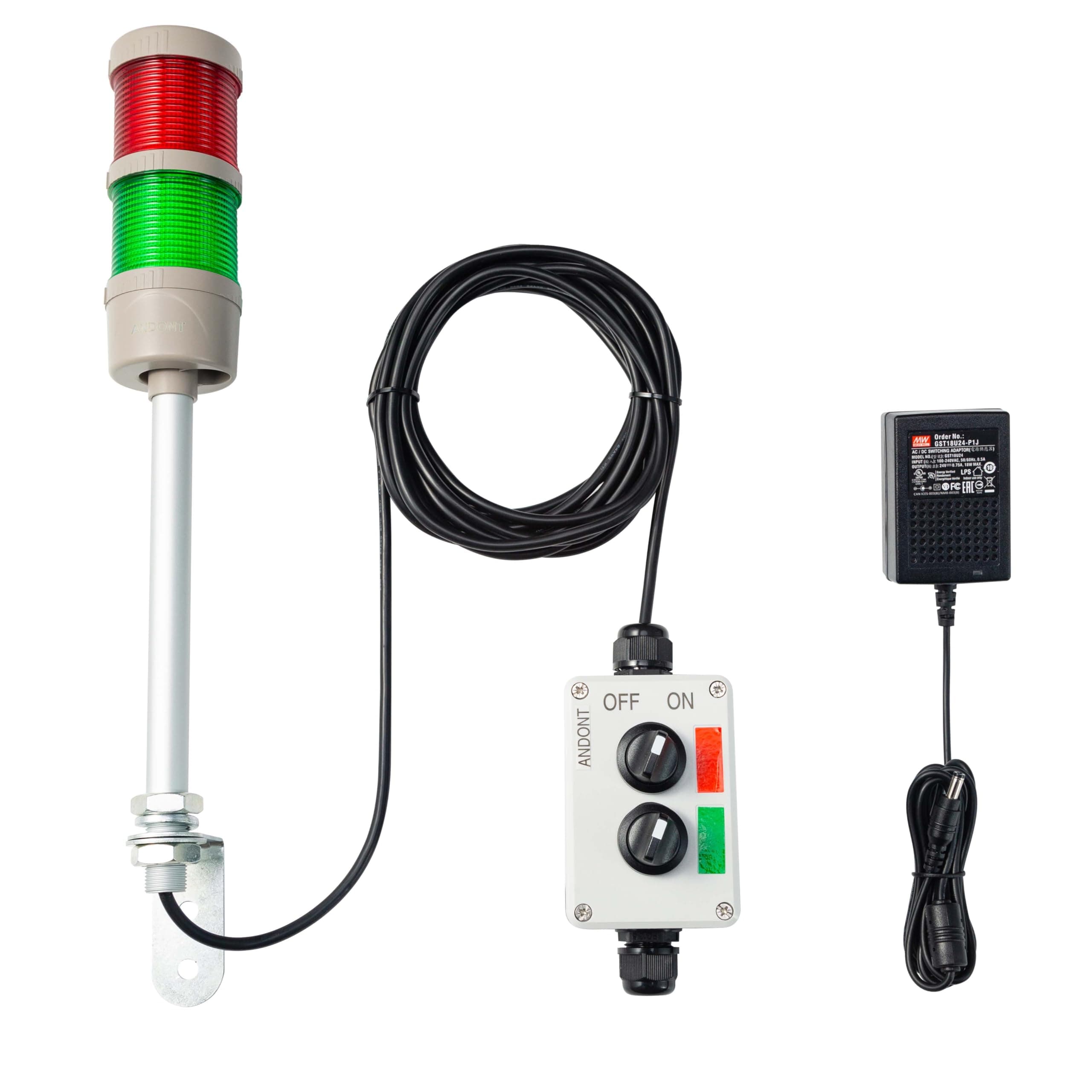 2-Stack LED Andon Tower Signal Light with Buzzer, Red/Green, On/Off/Flash, ABB Selector Switch, Mean Well Industrial Power Adapter 6 ft & 16 ft Extension Cord, Plug-and-Play