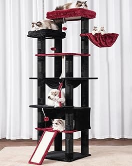 Heybly Tall Cat Tree,78 inch Multi-Level Cat Tower for Indoor Cats,2 Widened Plush Perches Cat Condo with Scratching Board and Big Caves,Black and Red HCT033BR