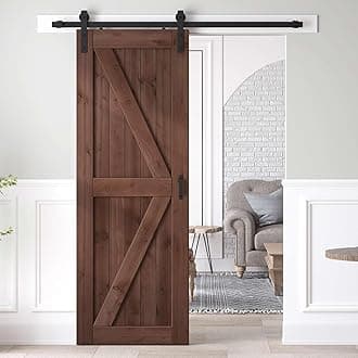 32x84 inch Sliding Barn Wood Door Slab with 5.5ft Hardware Kit and Handle, Coffee, K Shape, Simple DIY Assembly
