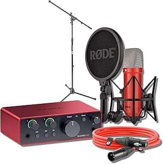 Rode NT1 Signature (Red) Series Condenser Microphone with Focusrite Scarlett Solo 4G, On-Stage MS7701B Microphone Stand and Rode Red XLR Cable (20')