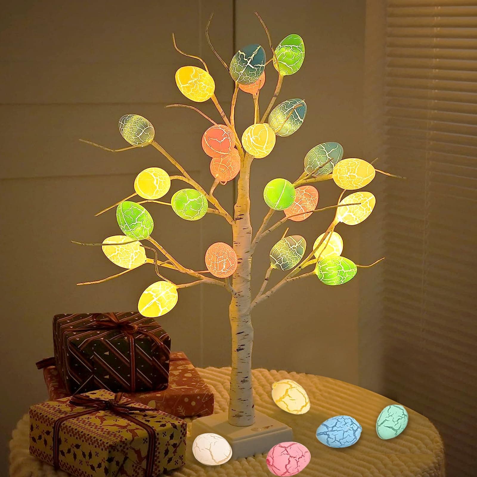Yoawllty Easter Decorations, Easter Tree Light with 24pcs Eggs Ornaments, Artificial Twig Tree for Bedroom Home Tabletop Centerpiece Diwali Decor