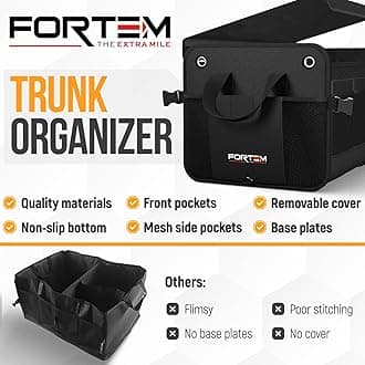 FORTEM Car Trunk Organizer, Foldable Cover, Non-Slip Waterproof Bottom, Straps, Cargo Storage (2 Compartments, Black)