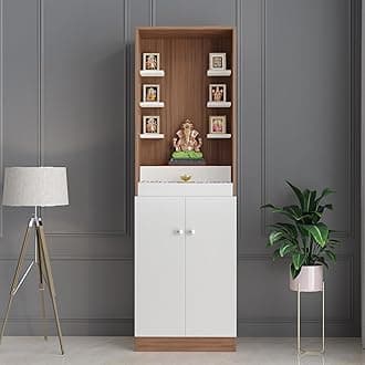 FURNEASER Adya Wooden Pooja Mandir for Home with Storage | Engineered Wood Temple Stand with Shelf & Cabinet | Compact Floor-Standing Prayer Unit for Living Room � Exotic Teak & White, 161x50x32 cm