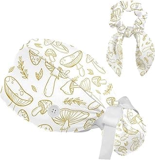 Women's Working Caps Bouffant Surgical Cap with Bow Scrunchies Little Daisy Art Paint Ponytail Holder Tie Back Scrub Hat