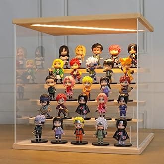 LANSCOERY Clear Acrylic Display Case with Light, Assemble 5 Tier Display Box Stand with Wooden Base, Dustproof Protection Showcase for Collectibles Memorabilia Figurines (11.8x11x11.8inch; 30x28x30cm)
