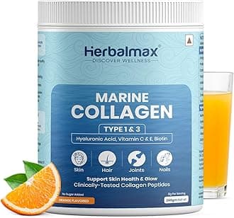 Marine Collagen Powder | Orange Flavour | Type I & III Hydrolyzed Collagen Peptides with Hyaluronic Acid, Vitamin C, Vitamin E & Biotin | Supports Skin, Hair, Nails, Bones & Joints | 240g