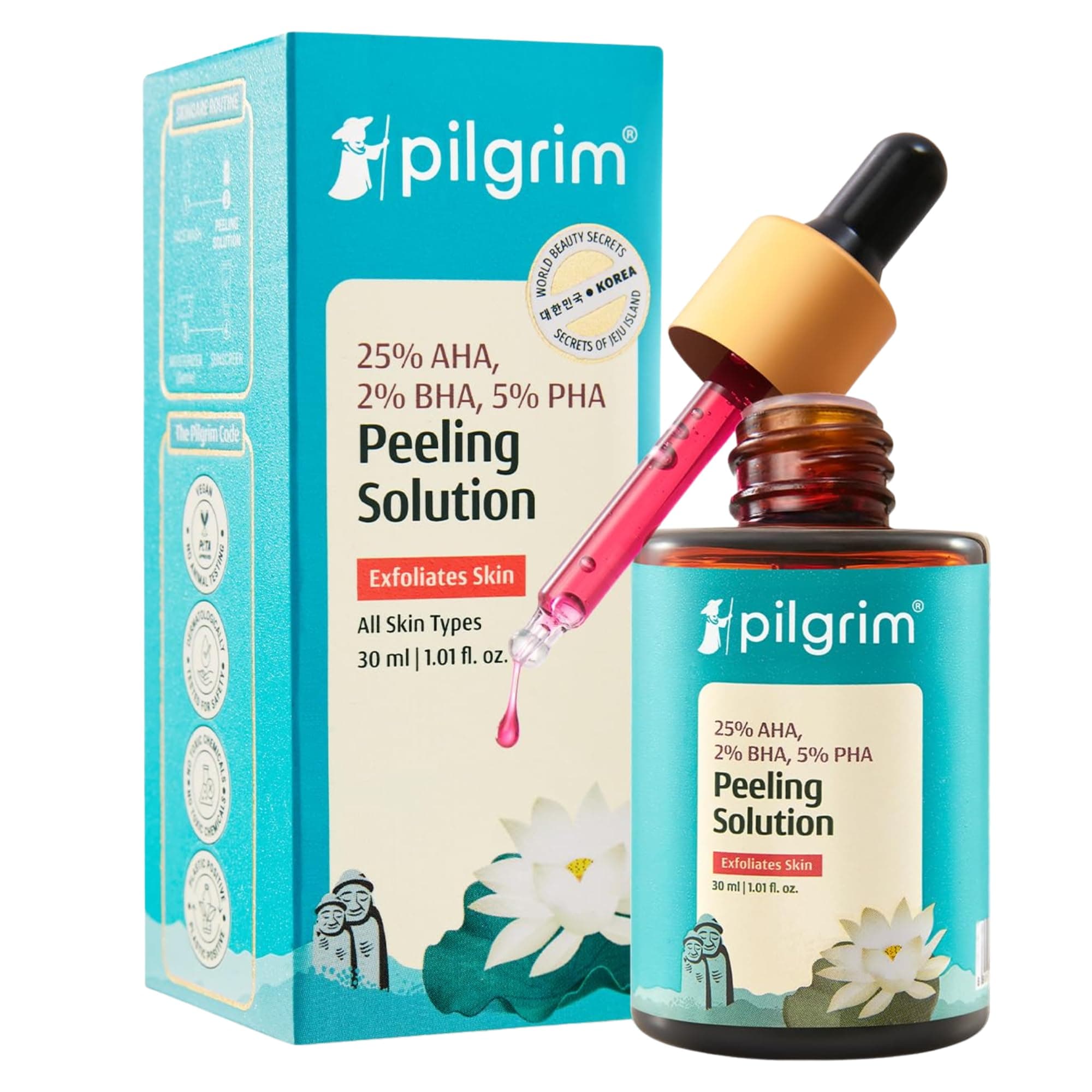 PILGRIM 25% AHA + 2% BHA + 5% PHA Peeling Solution 30ml For Face & Body 10-Minute Facial At Home Gentle Exfoliating Serum for Tan Removal For Glowing Skin,Even Skin Tone 30 ml (Pack of 1) Pink