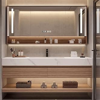 68'' Wood Bathroom Vanity Set - LED Defogging Mirror | Wall Mounted Bathroom Vanity with Sink Include Open Storage & Mirror Cabinet Storage & 2 Drawers