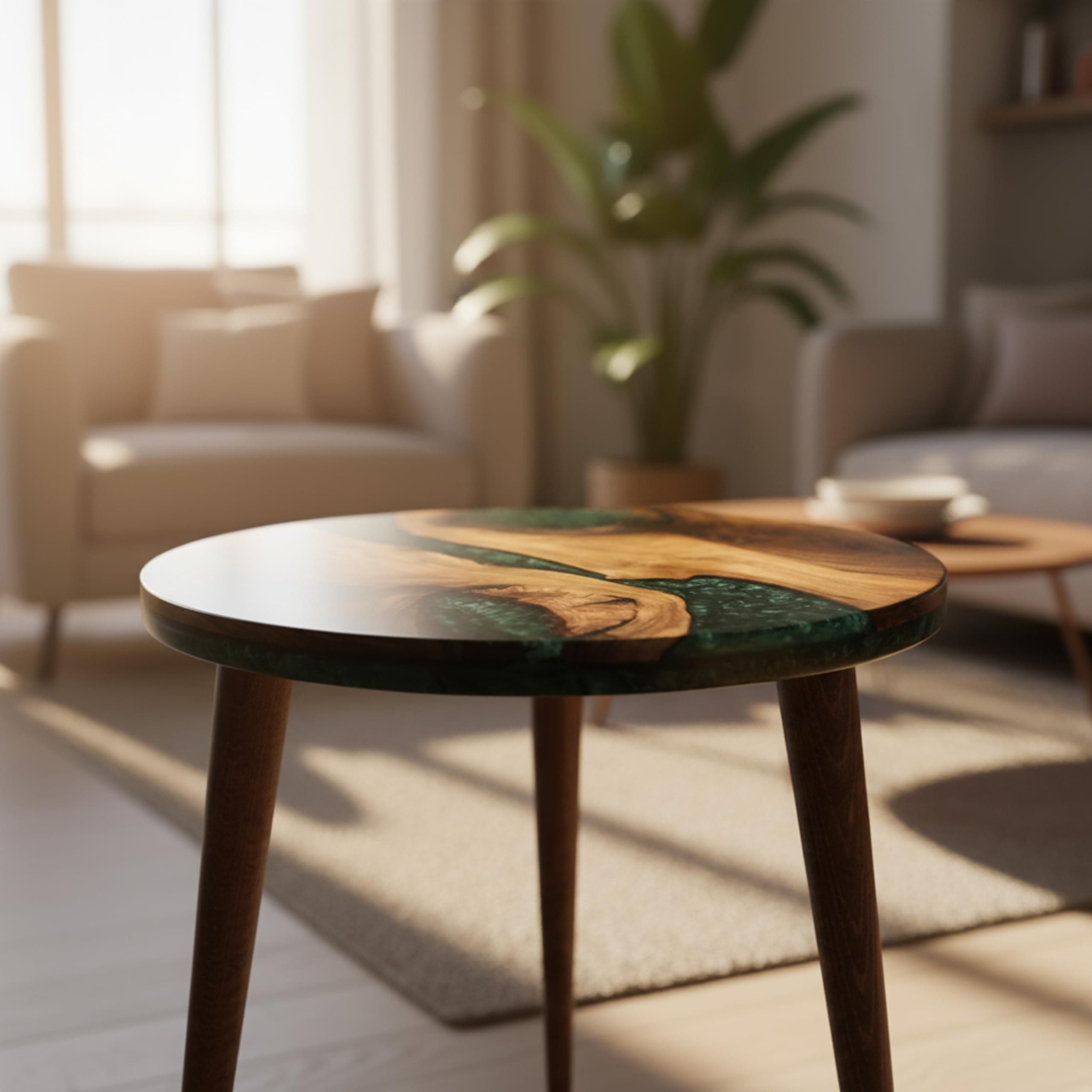 20" Resin Walnut Round Side Table | Epoxy End Table | Coffee Table | Mid Century Modern Resin Walnut | Living Room Furniture | Green Color