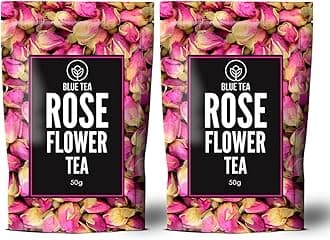 BLUE TEA - Rose Tea - 100g -100 Cups (Pack Of 2) | RICH VITAMIN-C | Natural Rose Petals | Beautiful Hair & Skin - Caffeine Free - Flower Based - Herbal Tea | Featured In Shark Tank | Pet Jar Pack