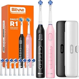 BitvaeRotating Electric Toothbrush 2 Packs for Adults and Kids, 8 Brush Heads 60-Day Battery Life, 5 Modes Power Toothbrush with 2-Minute Smart Timer, Black & Pink, R1