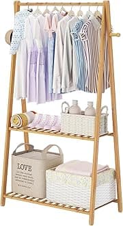 Kids Clothing Rack for Hanging Clothes Portable Clothes Rack Wooden Drying Rack Clothing Standing Bamboo Garment Rack with Shelves Laundry Rack for Drying Clothes Indoor