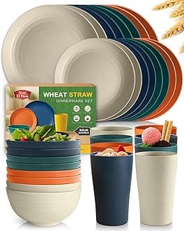 Teivio 32-Piece Kitchen Plastic Wheat Straw Dinnerware Set, Service for 8, Dinner Plates, Dessert Plate, Cereal Bowls, Cups for Everyday Dining, Unbreakable Plastic Outdoor Camping Dishes, Colorful