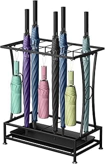 Metal Umbrella Holder Stand with Removable Drip Tray, Industrial Free Standing Umbrella Rack Organizer for Entryway Home Office Patio Decor(10 Slots 8 Hooks, Black)