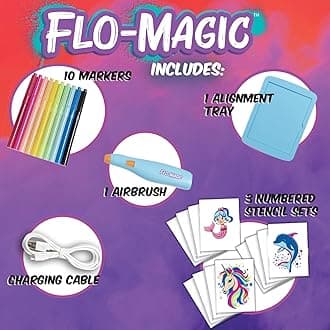 Flo-Magic Enchanted Airbrush Marker Stencil Art Kit- Unicorn, Mermaid, Dolphin- Washable Non-Toxic, Rechargeable- Craft kit for Kids Age 5 6 7 8 9 10