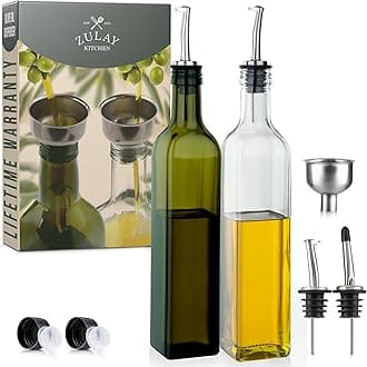 Zulay Kitchen 2-Pack 17oz Olive Oil Dispenser Bottle Set - Glass Bottles with 2 Spouts, 2 Removable Corks, 2 Caps, & 1 Funnel - Oil Bottle for Kitchen & Storing Liquids