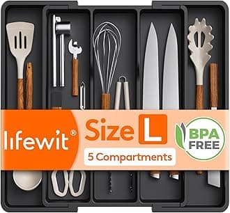 Lifewit Utensil Drawer Organiser, Extendable Cutlery Tray for Kitchen, Adjustable Silverware Flatware Holder, Plastic Kitchen Spatula Tools and Gadgets Storage Divider, Large, Black