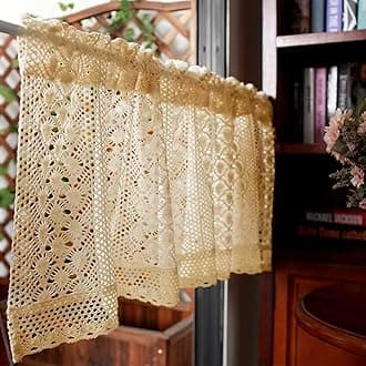 Rustic Boho Curtain Valance for Kitchen Window Farmhouse Handmade Crochet Curtain Tiers for Coffee Decor Room Divider Rod Pocket Hollow Short Lace Curtains for Bathroom Closet 1 Panel W59 X L24 Inch