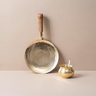 veda essentials. Brass Ghee Pot & Pure Brass Tawa Set for Healthier Cooking | Traditional Indian Kitchen Essentials Combo Set, 300 ML, Gold