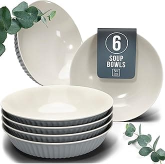 Stylish Soup Plate Set Hygge Series - Premium Stoneware, Scratch Resistant, Dishwasher and Microwave Safe - Stylish Deep Plate Set for 6, Large Deep Pasta Plates - Grooved Deep Plates in Grey-Blue