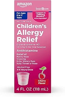 Amazon Basic Care Children's Allergy Relief Oral Solution, Diphenhydramine HCl Antihistamine, Cherry Flavor, 4 fl oz (Pack of 1)