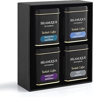 Selamlique Turkish Coffee Istanbul 4 boxes of Turkish Coffee Taste Selection in Gift Box (Traditional, Mastic, Chocolate, Decaf)