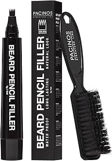 Beard Pencil Filler - Water Proof, Long Lasting Coverage & Natural Finish - Beard, Moustache & Eyebrows - Micro-Fork Tip for Seamless Application - Includes Bristle Brush for Blending (Black)