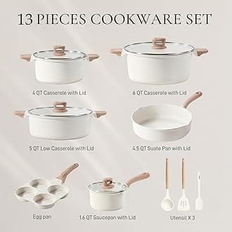 CAROTE Nonstick Pots and Pans Set, Cookware Set Induction Kitchen Cooking Set w/Stock pot & Saucepans, White Granite 13pcs