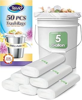 5 Gallon 50 Counts Strong Trash Bags Garbage Bags by Teivio, Bathroom Trash Can Bin Liners, Plastic Bags for home office kitchen, Clear