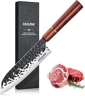 Huusk Japanese Santoku Chef Knife, Professional Chef Knife 7 Inch, Razor Sharp Kitchen Knives for Meat Cutting, Multipurpose Cooking Knives with Hand Forged Blade & Rosewood Handle, Christmas Gifts
