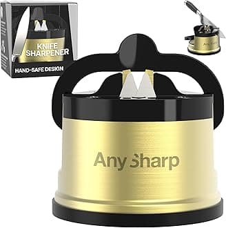 Chef – Hands Free Knife Sharpener - Easy to Use Sharpening Tool with PowerGrip Suction Base and 20-Degree Pre-Set Angle - for All Knives: Chef's, Serrated, and Hardened Steel - Brass
