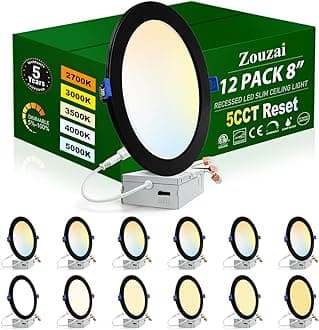 zouzai 12 Pack 8 inch 18W Eqv 150W 1685LM 5CCT Ultra-Thin LED Recessed Ceiling Light with Junction Box, 2700K/3000K/3500K/4000K/5000K Selectable,Dimmable 5%-100% - ETL and Energy Star Certified