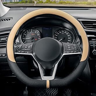 SEG Direct Flat Bottom Steering Wheel Cover Breathable, D Shaped Car Wheel Cover 37-39cm, Black Gray Microfiber Leather