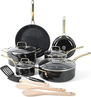 Martha Stewart 14 Piece Premium Non-Stick Heavy-Gauge Aluminum Cookware Combo Set (Pots, Pans, and Tools) - Black w/Gold Handles