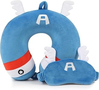 Superhero Travel Pillow for Kids & Adults with Sleep Eye Mask, Memory Foam U-Shaped Neck Pillow with Washable Cover, Soft Head Support Travel Accessories for Airplane Car Train Bus Recline, Blue