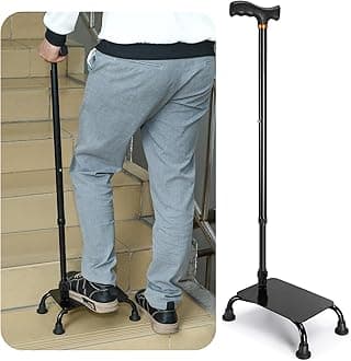 TrelaCo Stair Climbing Cane Half Step Stair Lift Aid for Seniors Adjustable Walking Sticks Stair Assist Devices 4 Prong Quad Base Seat Stair Helper to Walk Up and Down for Right Left Handed Men Women