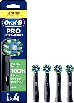 Oral-B Pro Cross Action Electric Toothbrush Head, Electric Toothbrush Heads, X-Shape and Angled Bristles for Deeper Plaque Removal, Pack of 4 Toothbrush Heads, Black, Replacement Heads