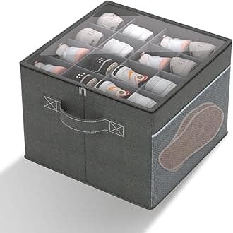 Shoe Organizer for Closet- Fits 16 Pairs, Large Foldable Shoe Storage with Clear Cover, Grey Adjustable Dividers Shoe Containers with Mesh Pockets and Pull Handles,Grey, AFBT24415
