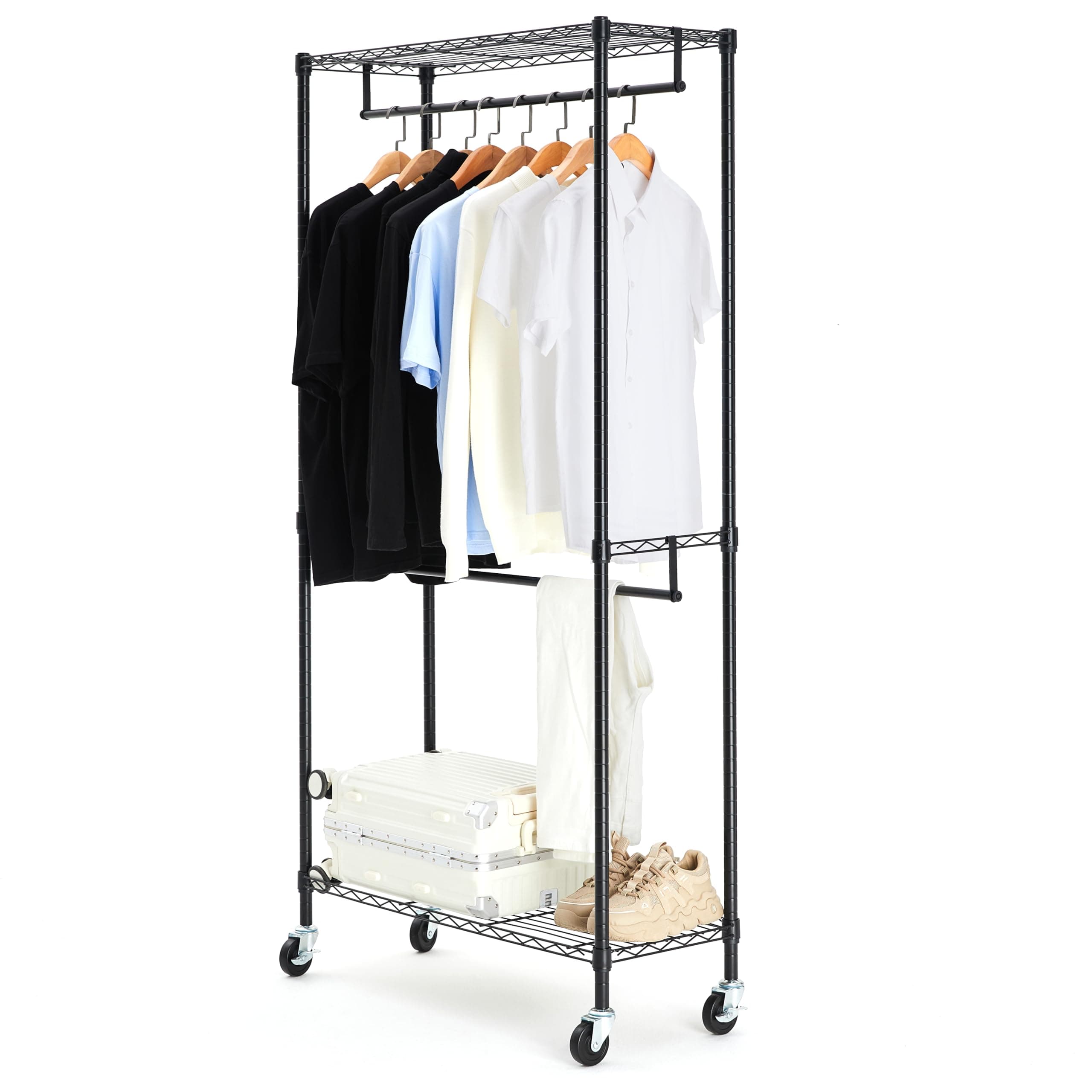 Amazon Basics Hanger Rack, 2 Tier, Clothes Rack, Load Capacity 399 lbs (181 kg), Sturdy, with Casters, with Shelves, Width 36 x Depth 14 x Height 72 inches (91.4 x 35.6 x 182.9 cm), Black