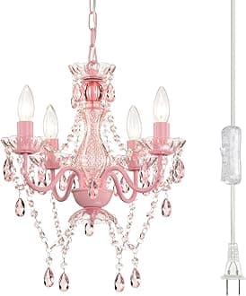 Plug in Chandeliers, 4-Light Pink Small Acrylic Crystal Hanging Ceiling Lamp with 20ft Cord, No Hardwire, Pink Chandeliers for Girls' Bedroom, Princess Nursery, Kitchen, Corners or Bathroom