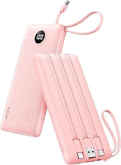 VRURC Portable Charger Power Bank, 10000mAh Travel Essentials Battery Pack, Compact Charging Bank Built-in Cables Cords Compatible with iPhone 17 Pro 17 16 15 14 13, Samsung Phones-Pink(1 Pack)