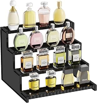 Lifewit 4 Tier Black Display Risers Stand, Plastic Perfume Organizer Cologne Display Stand, for Makeups, Figures, Cupcake, Dessert, Spice, Fragrance, Countertop, Vanity, Dresser, 1 Pack
